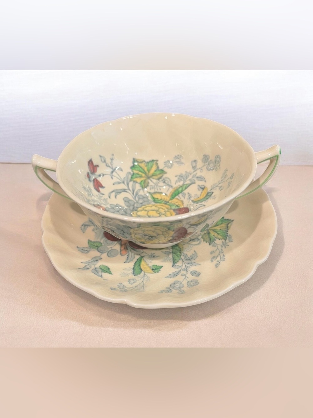 Vintage 1932 ROYAL DOULTON KIRKWOOD TWO-HANDLE CREAM SOUP BOWL with SAUCER.